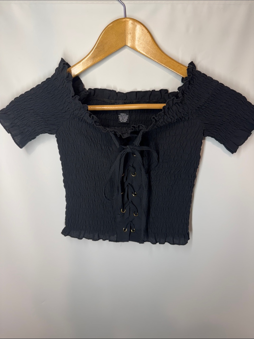 rue21 Black Off-The-Shoulder Smocked Lace-Up Crop Top